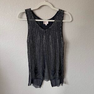 Parker Black Silk Beaded Tank Top Split Open Back Cocktail XS Art Deco